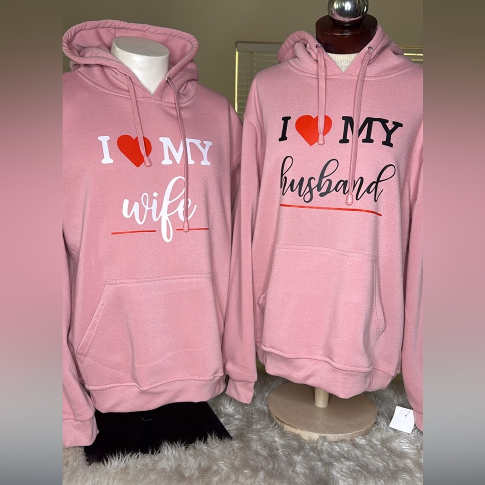 Couples Pink 'I Love My Wife/Husband' Hoodies - NEW Sweater Pullover Cute